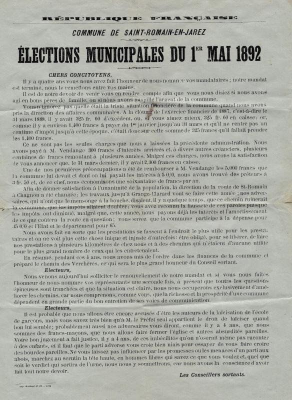 Elections municipales 1er mai 1892 st romain en jarez 2 ter