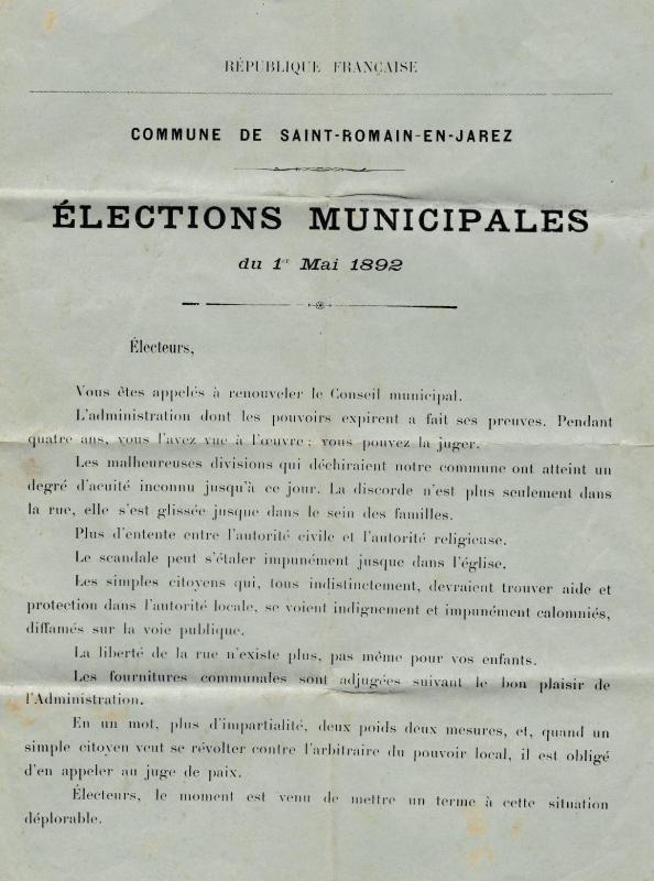 Elections municipales 1er mai 1892 st romain en jarez 3 ter