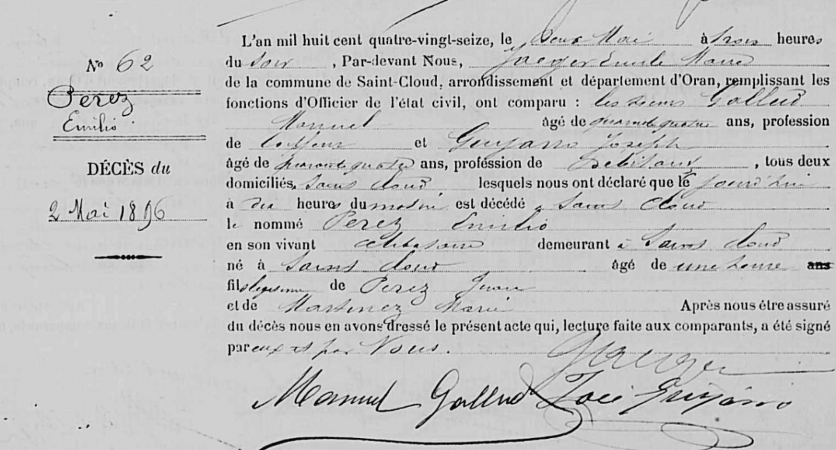 Perez emilio deces 2 mai 1896 fils de juan et maria martinez st cloud oran bis